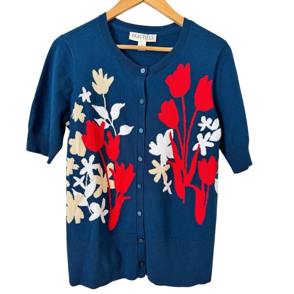 Beautiful By Lawrence Zarian Floral Short Sleeve Button Cardigan Sweater Small